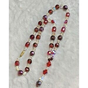 Vintage Red Crystal Beaded Y Drop Necklace Aurora Borealis Mid Century 60s